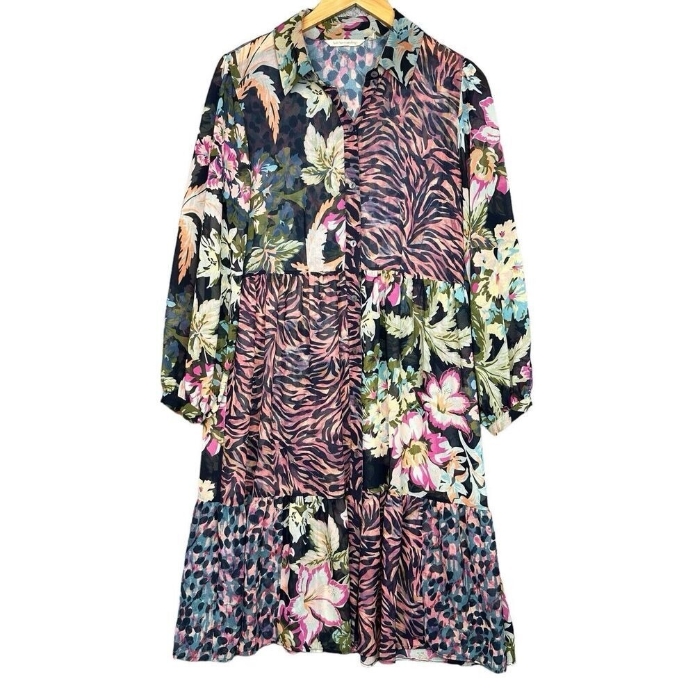 Soft Surroundings Dress Shirt Slip Mariquita‎ Animal Print Size XS Boho Festive